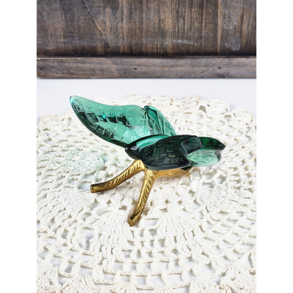 Vintage Fenton Glass Butterfly with Brass Stand Emerald Green Figurine Teal